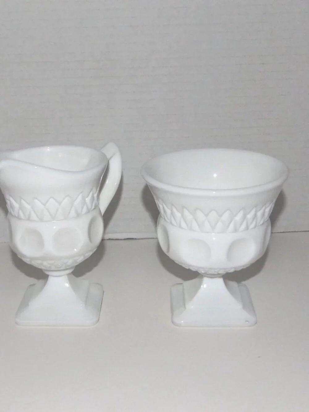 1957-58 McKee Plymouth Thumbprint White Milk Glass Creamer & Sugar Bowl